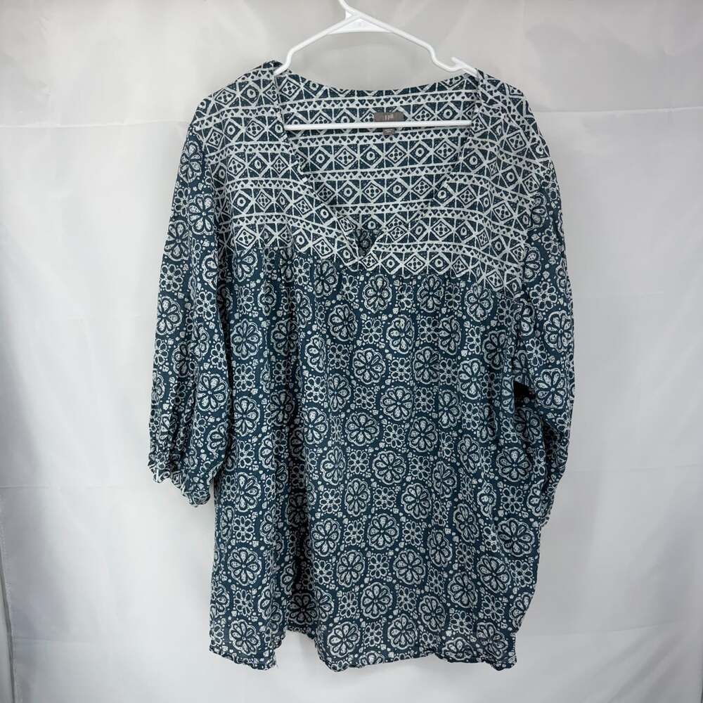 J Jill Women 4X Floral Tunic Top 3/4 Sleeve Blue V Neck Relaxed Blouse Casual